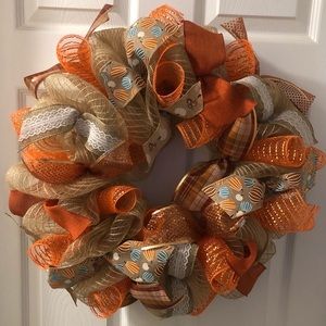 Autumn themed burlap mesh wreath